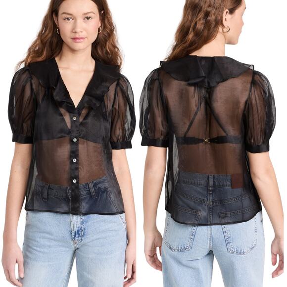 NWT Lingua Franca Sheer Ruffle Edges Short Sleeve Odette Top Black Size: Large - Picture 7 of 7